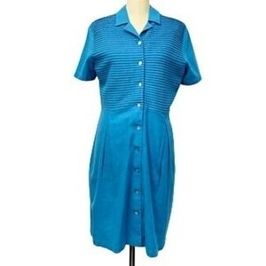 Talbots Dress Womens 12 Blue Linen Rayon Shirt Dress Button Front Midi Career